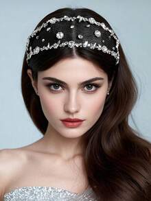 1pc Minimalist Rhinestone Headband, Fashionable Baroque Style Mesh Wide-Brim Headpiece, Suitable For Bride, Wedding, Festival, Carnival Party, Date, Casual Wear - Black - View 9