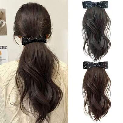 Bowknot Polka Dot Ponytail Clip-On Wig, Natural Fluffy Synthetic Hair Extension For Ponytail