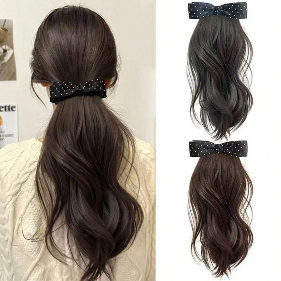 Bowknot Polka Dot Ponytail Clip-On Wig, Natural Fluffy Synthetic Hair Extension For Ponytail - Multicolor - View 1