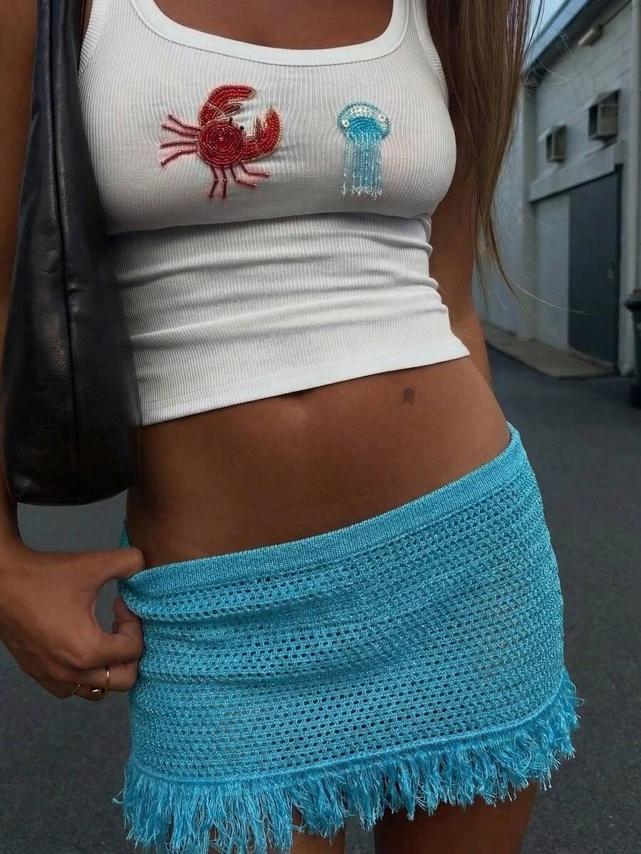 Y2K Style Blue Hollow-Out Knit Mini Skirt For Women, Tasseled Design, Sexy Bodycon Skirt, Casual Vacation Style, Beach Cover-Up, Bohemian, Sexy, Women Summer Clothing - Blue - View 1