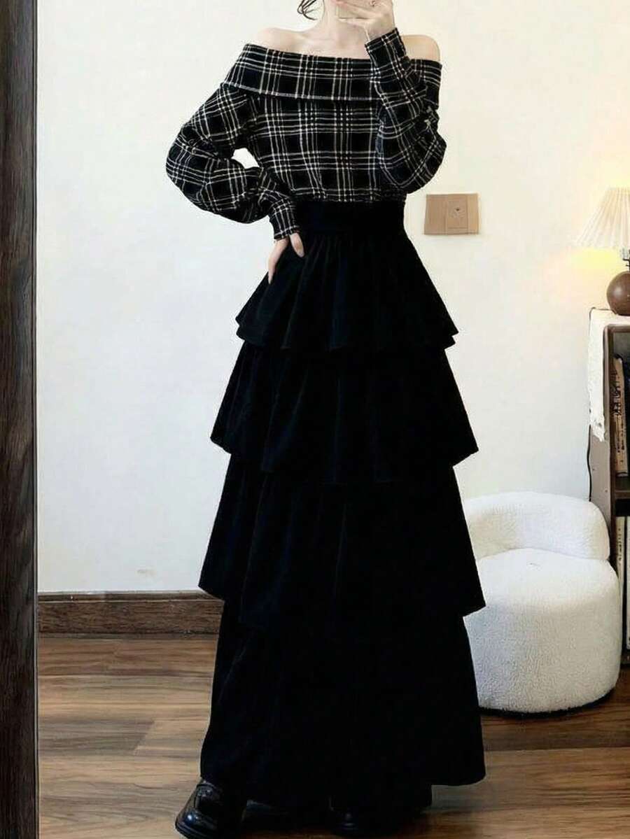 [Y6Y] 女士黑色松果A字层叠长裙，适合度假和春季休闲穿着 - 黑色 - 查看 1