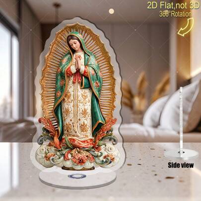 2D Flat - 360° Rotating Acrylic Altar Decor With Halo And Intricate Leaves, No Electricity Needed, Indoor/Outdoor Religious Decoration, Suitable For Home, Church Or Gifts For Christmas, Halloween, Easter, Thanksgiving - Virgin Mary/ Image, Home Decor