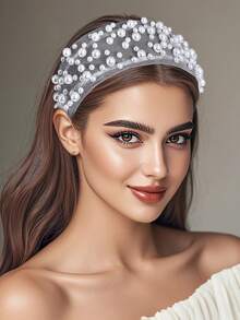 1pc Elegant White Pearl Headband, Fashionable Minimalist Mesh Hollow Wide Hairband, Suitable For Bride, Wedding, Celebration, Date, Outing, Holiday Party, Gift, Casual Wear - White - View 3