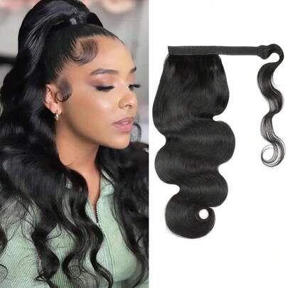 Body Wave Human Wrap Around Ponytail Remy 100% Unprocessed Brazilian Hair Extensions Natural Color For Women Easy Wear Daily Use Body Wave Ponytail With Magic Paste Wrap Around