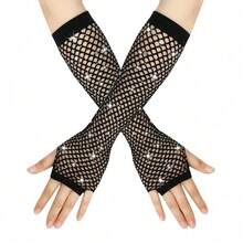 Women's Long Rhinestone Mesh Gloves, Shiny Party Club Accessory - White - View 9