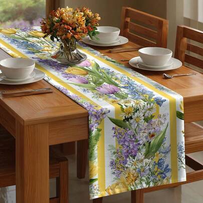 1件春季花卉桌旗，黄色条纹，水彩郁金香、薰衣草蓝花、绿叶图案，适用于厨房餐桌装饰、复活节、母亲节派对装饰桌布