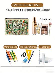 爱尔兰主题化妆包和旅行洗漱包 - 精灵和三叶草印花化妆品收纳包，8.6 英寸 x 6 英寸（22 x 15 厘米），耐用的爱尔兰设计，圣帕特里克节或圣诞节爱尔兰主题礼物，可重复使用的洗漱包，2D 平面设计。 - 彩色 - 查看 2