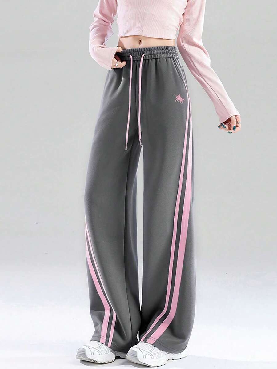 JUTU 春秋季灰粉色女式通勤户外复古高腰阔腿休闲裤，带抽绳和印花设计 - 1A71煙灰拼粉-1182粉 - 查看 1