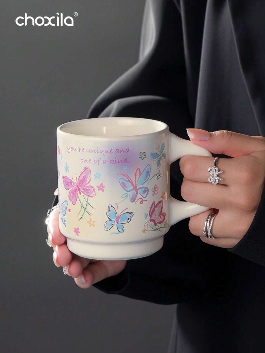 choxila 1个彩色蝴蝶图案咖啡杯,高品质浓缩咖啡杯,情侣牛奶杯,送给爱人和朋友的最佳礼物,容量340毫升。适用于下午茶、客厅、办公室、露营、咖啡馆和甜品店。 - 米色 - 查看 1