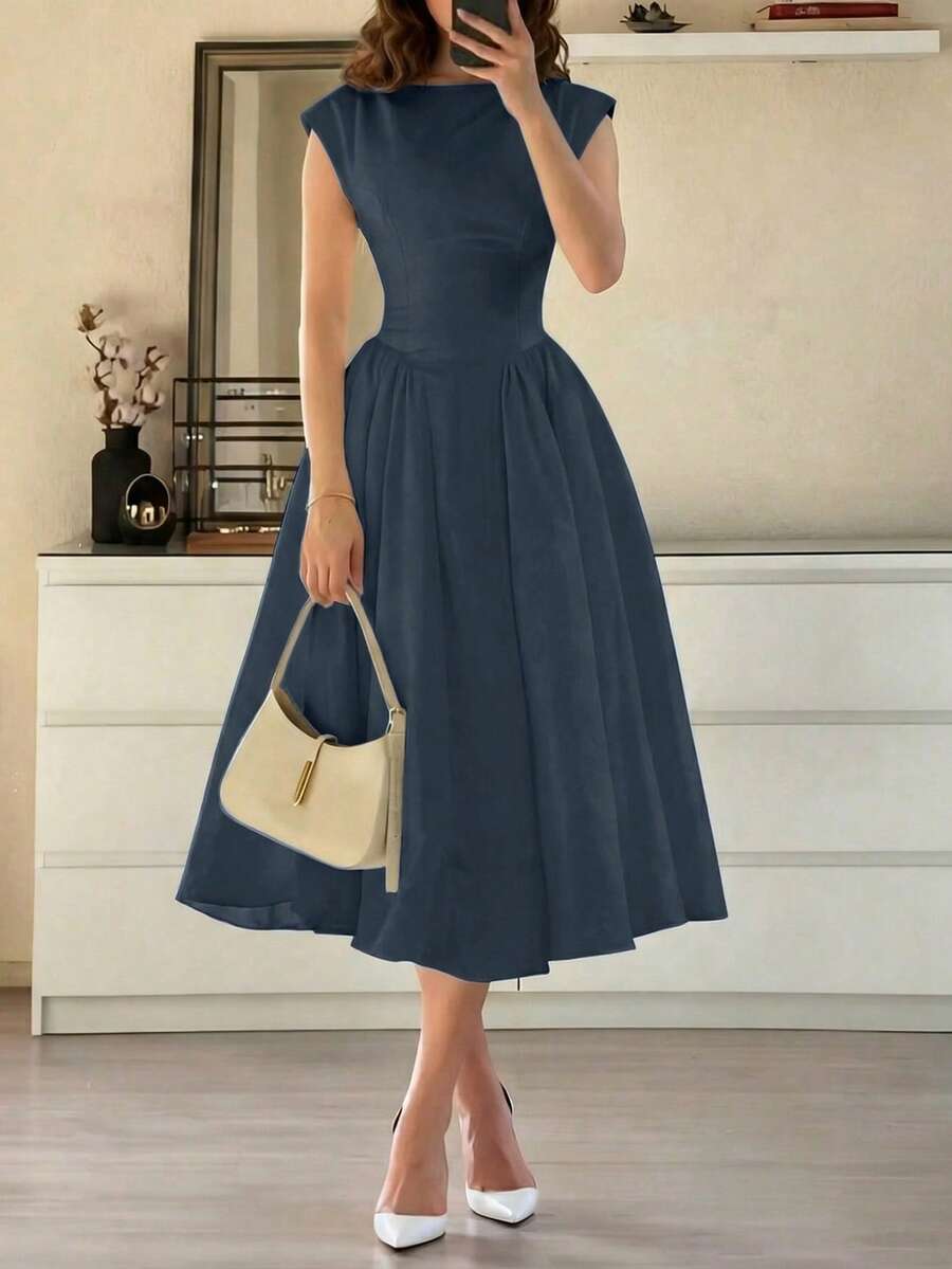 女士休闲优雅复古浪漫长款泡泡袖连衣裙，复古收腰设计，适合婚礼、约会、外出等场合，浪漫可爱，法式白色收腰连衣裙，夏季款 - 藏蓝色 - 查看 1