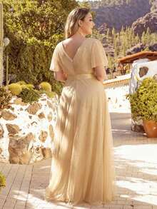 EVERPRETTY 优雅雪纺褶皱胸部高腰香槟色伴娘礼服，春夏婚礼宾客正式礼服，新娘母亲婚礼派对礼服 - 香檳色 - 查看 3