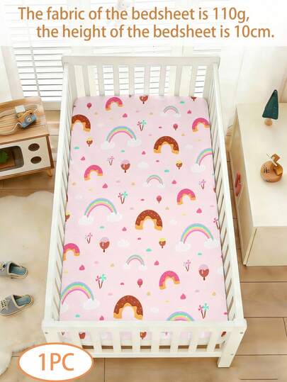 1件婴儿床上用品，110克彩虹甜甜圈图案单人床单，涤纶材质，数码印花，带弹力绳设计，适合四季装饰婴儿卧室，节日婴儿床礼物，不含枕套。