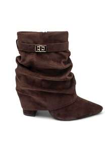 Women's Plain Pointed Toe Zipper Fashion Mid-Calf Boots With Buckle - Brown - View 2