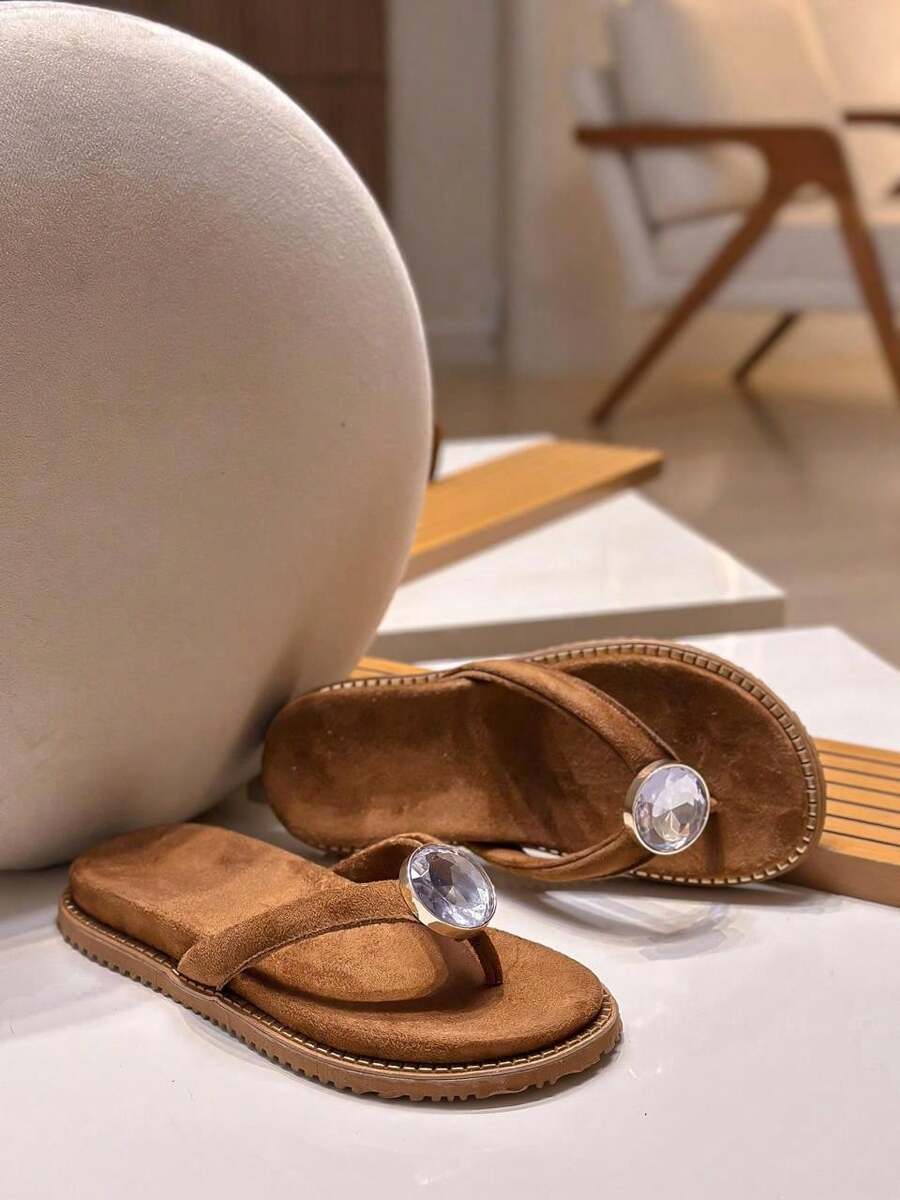 Women's Premium Caramel Suede Papete Sandal With Elegant And Comfortable Stone - 駝色 - 查看 1