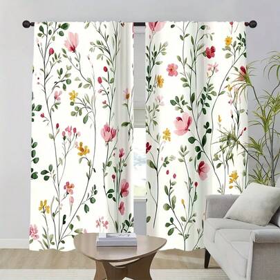 2pcs Watercolor Floral Foliage Curtains, Featuring Pink And Yellow Flowers And Green Leaves Printed On A White Background. The Sheer Fabric Makes Them Ideal For The Living Room Or Bedroom. The Rod Pocket Design Is Perfect For Spring Decor.