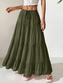 Women Casual Elastic High Waist Drawstring Pleated Layered Flowy Long Skirt Summer Boho Beach Vacation Holiday Going Out Valentine Maxi Skirt Outfits - 軍綠色 - 查看 1