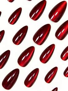 24片中号杏仁形优雅复古奢华樱桃红亮面猫眼假指甲，时尚迷人日常红色水晶猫眼亮面粘性指甲贴片，全覆盖尖头假指甲，适合女性和女孩，包含1张粘性贴纸和1个迷你指甲锉，随机发货 - 酒紅色 - 查看 4