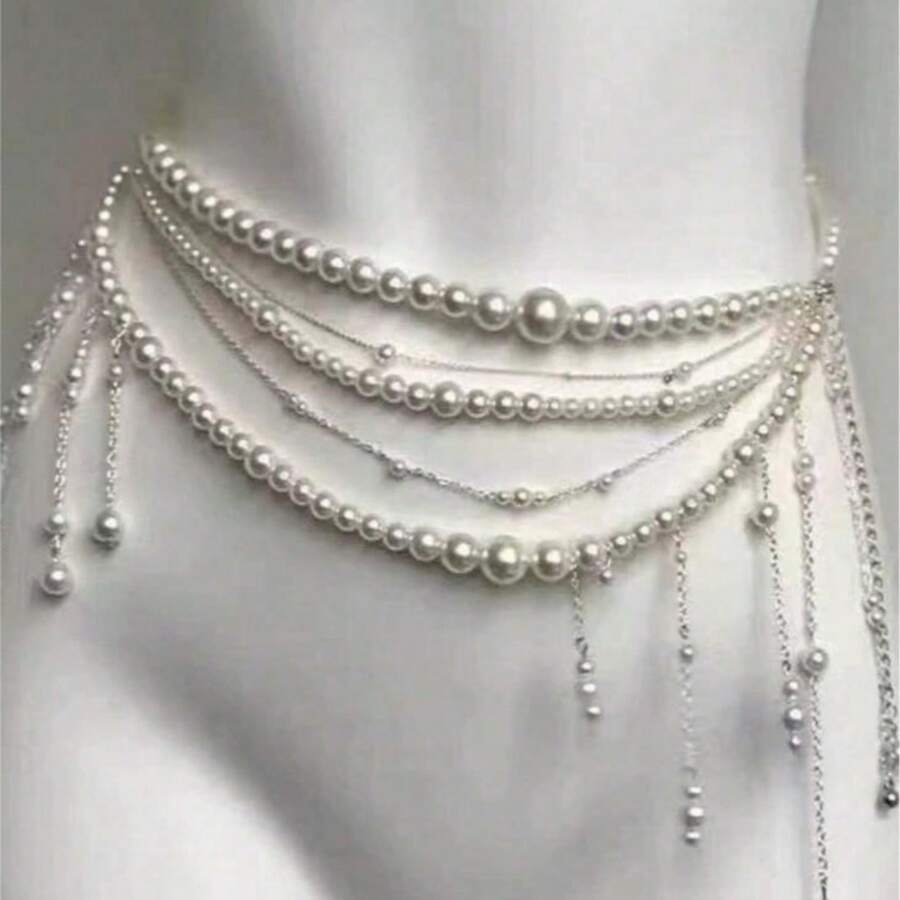 1pc Fashionable Minimalist Pearl Tassel Multi-Layer Waist Chain, Unique Elegant Chic Elegant Sexy Waist Chain, Women's Holiday Gift, Women's Party Jewelry - Multicolor - View 1