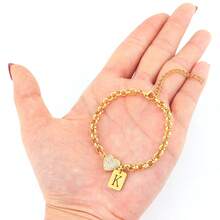 1pc Simple Fashion Rectangular Initial Heart Pendant Golden Stainless Steel Chain Bracelets For Women - Yellow Gold - View 3
