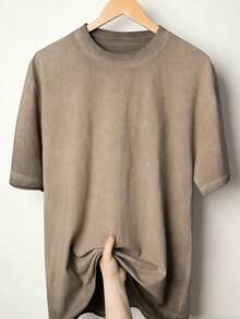 American Retro Style, 230g Heavyweight Washed Distressed Short-Sleeved T-Shirt For Men. High-Weight Pure Cotton, Thick And Opaque, With A Snowflake Wash Process. Loose, Drop-Shoulder, Oversized Fit. Street Style, Versatile, Basic, Suitable For Everyday Wear, Commuting, And Casual Wear. - Mocha Brown - View 1