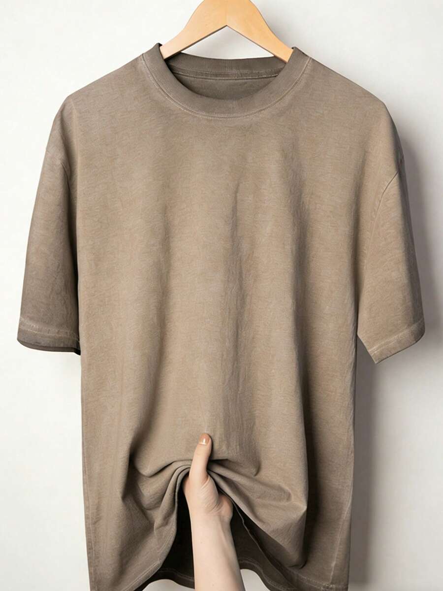 American Retro Style, 230g Heavyweight Washed Distressed Short-Sleeved T-Shirt For Men. High-Weight Pure Cotton, Thick And Opaque, With A Snowflake Wash Process. Loose, Drop-Shoulder, Oversized Fit. Street Style, Versatile, Basic, Suitable For Everyday Wear, Commuting, And Casual Wear. - Mocha Brown - View 1