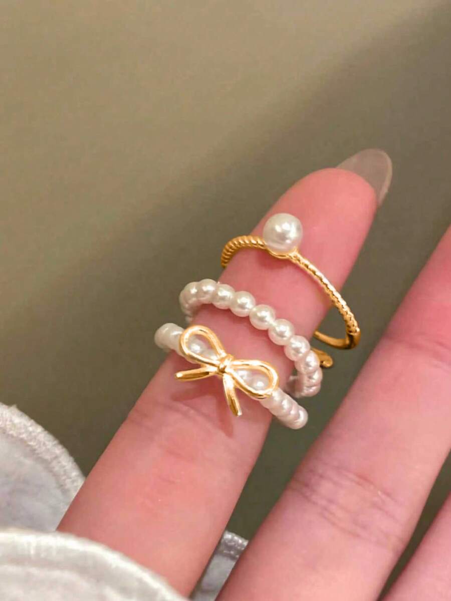 Juego de 3 anillos ajustables minimalistas con lazo & perla, joyería delicada apilable, regalo de Halloween para novia y hermanas - Oro 2 - Ver 1