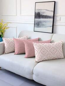 4件套现代几何图案抱枕套，装饰性几何线条抱枕套，复古亚麻材质，隐形拉链，可水洗，简约时尚线条设计，适用于家居装饰、沙发、客厅、卧室、汽车、户外等场所，不含枕芯 - 柔霧粉 - 查看 2