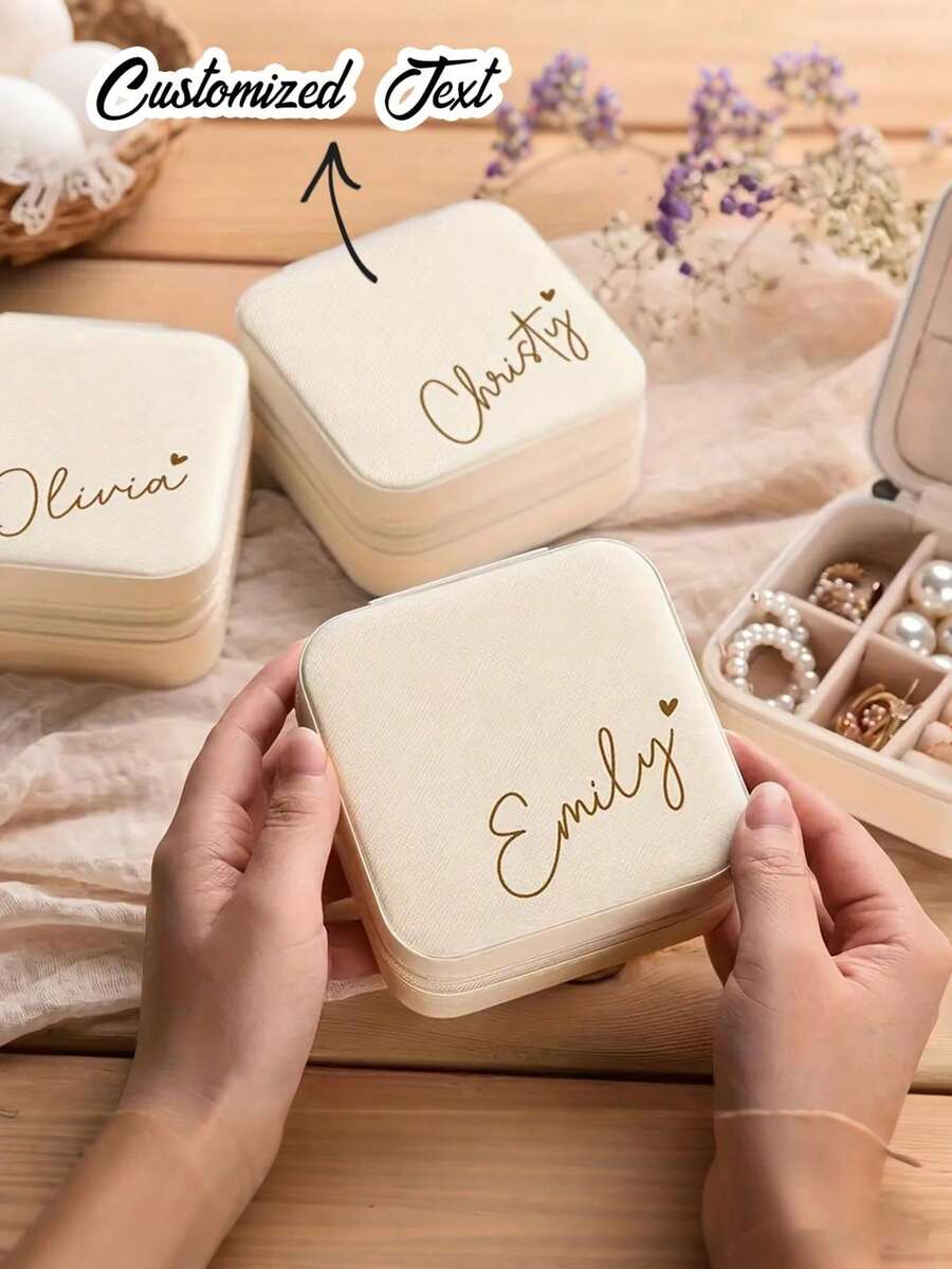 Personalized Handwritten Name Heart-Shaped Jewelry Box - Customized Beige Travel Jewelry Storage Box With Zipper Closure, Fabric Lining, Perfect Bridesmaid Invitation Gift Or Couple's Memento, Elegant Design | Soft Lining, Wedding Gift Jewelry Box
