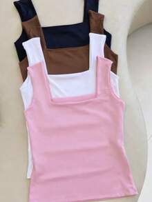 Set Of 4 Women's Tank Tops With Square Neckline, Straight Leg, Suplex Fabric, Summer Basic Plain, Fashionable, Elegant, , Blogger Style - WHITE ROSE BROWN BLACK - View 1