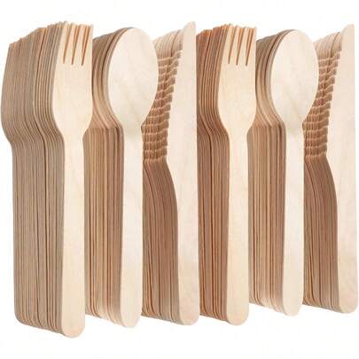 300/200/100/50/10pcs Set High Quality Wooden Cutlery Set, Includes Salad Forks, Dessert Spoons, Suitable For Cake, Dessert, Salad, Burger, Sandwich, Sushi, For Home Gathering, Outdoor Party, Hotel, Birthday Party, Mother's Day Gift, Restaurant, Kitchen Accessories, Music Festival/Wedding Season