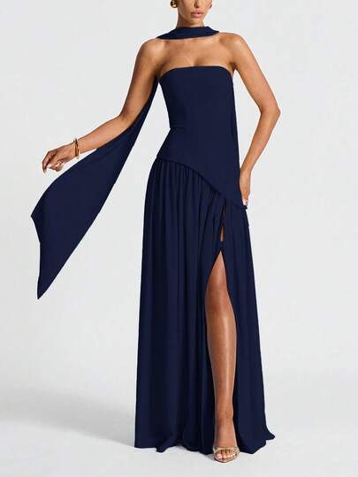 Elegant Sexy Strapless Slit-Draped Evening Party Dress