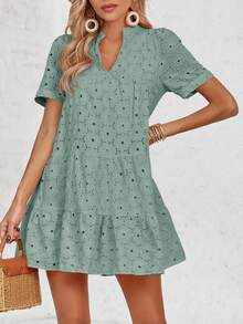 Women's Summer Lace Eyelet Dress Flowy Babydoll Swing V Neck Tunic Short Sleeve Dress - Light Green - View 1