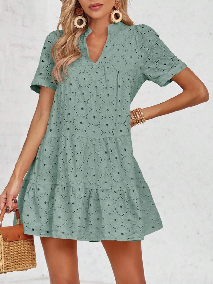 Women's Summer Lace Eyelet Dress Flowy Babydoll Swing V Neck Tunic Short Sleeve Dress - Light Green - View 1
