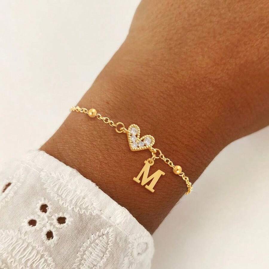 1件经典简约字母心形吊坠金色不锈钢珠链手链，女士款 - 金黃色 - 查看 1