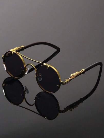 一副新款圆形全框金属眼镜，豹纹装饰，简约优雅时尚