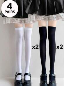 4双装女士超薄洛丽塔性感压缩丝袜 - 黑/白，学院风过膝长袜 - 彩色 - 查看 5