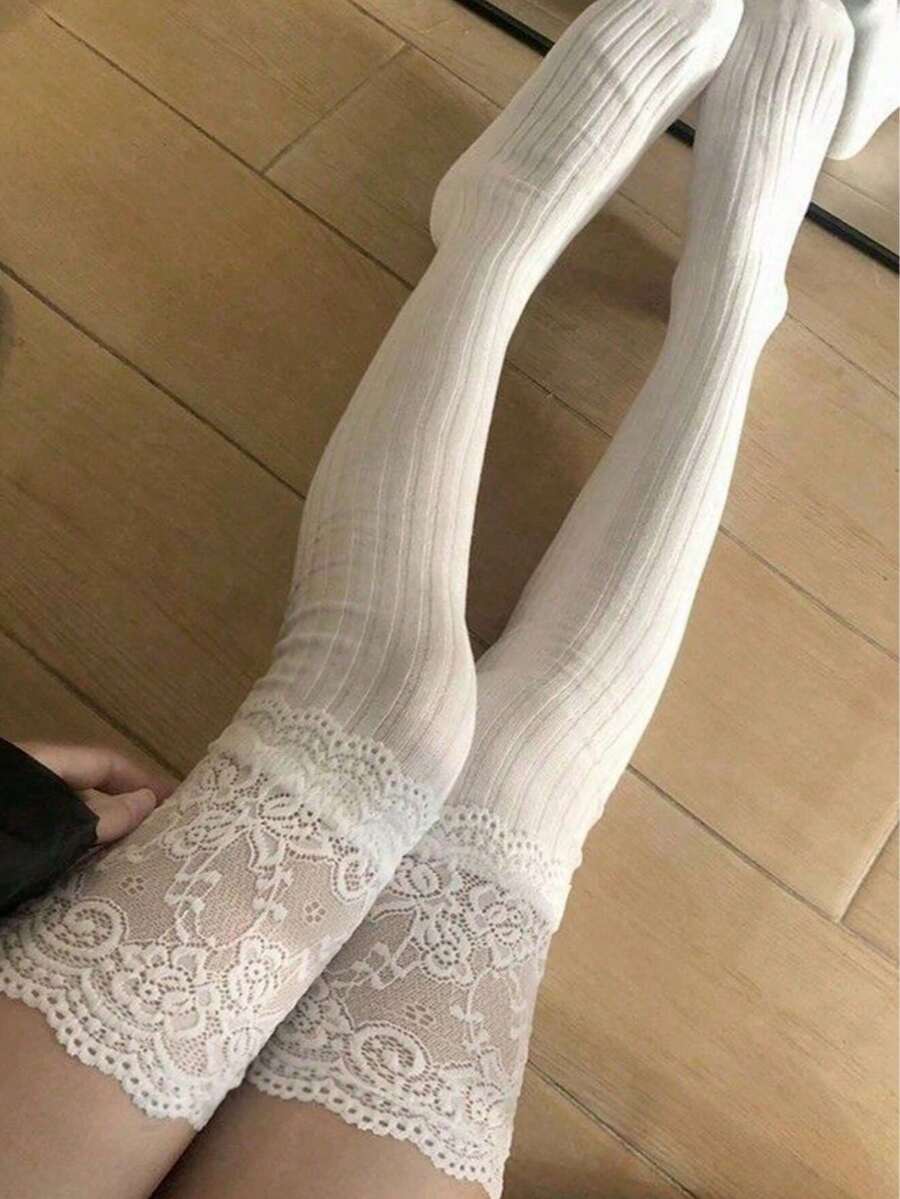 1 双女士白色撞色蕾丝舒适过膝袜，百搭日常穿着 - 白色 - 查看 1