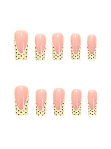 24片中号方形一次性美甲贴纸，包含时尚法式优雅黄、黑色波点、裸色等多种款式，附赠1卷胶带和1个迷你指甲锉，适合女性和女孩使用，随机发货 - 黃色 - 查看 3