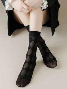1 par de calcetines de media caña de cristal de seda, calcetines de tobillo transparentes de malla, estilo delgado de verano, negro - Negro - Ver 2