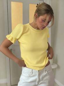 大码女式休闲纯色圆领荷叶边下摆短袖宽松羊毛针织T恤上衣，春秋夏季 - 黃色 - 查看 2