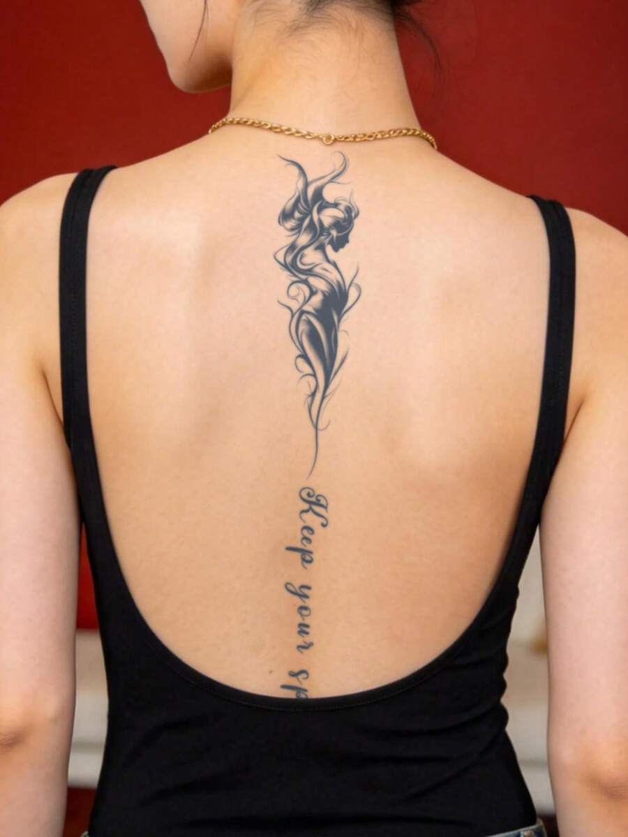 1pc Spine Tattoo Sticker, Fake Temporary Tattoo, Y2K Geometric Semi-Permanent Tattoo, Waterproof, Sweat-Resistant, Long-Lasting 1-2 Weeks, Wear-Resistant, Non-Reflective, Black, Unisex, Modernist Body Art Tattoo Sticker - Black - View 1