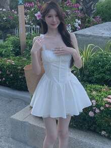 Summer Pure White Spaghetti Strap Mini Dress, Waist Cinched Design, Flattering Silhouette - White - View 5