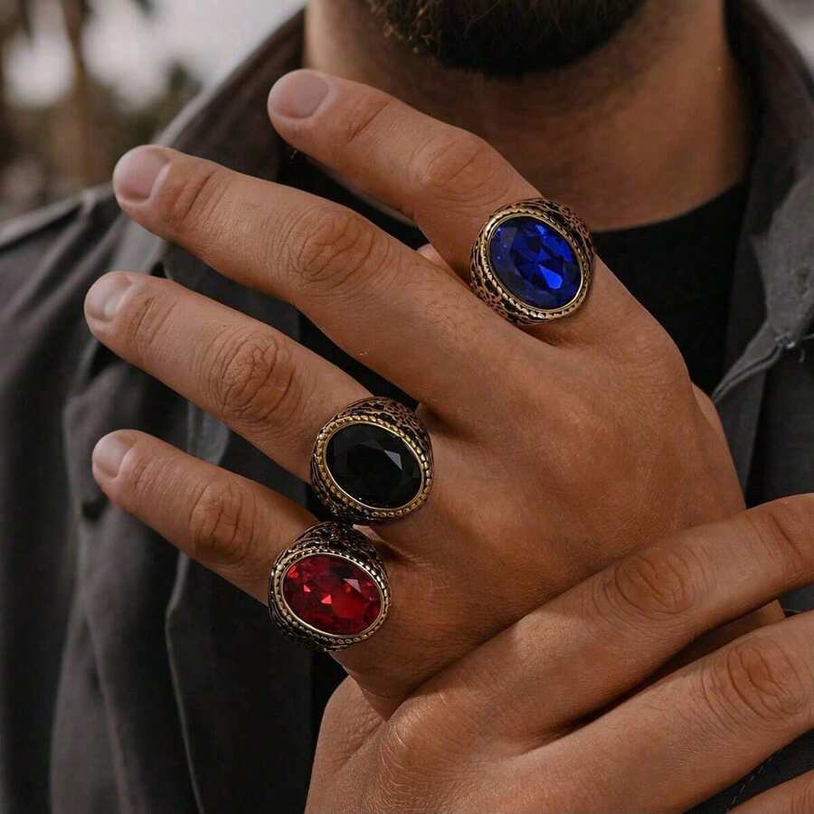 1 Peça Anel de Joia com Pedra Preciosa Definida em Textura Esculpida Clássica de Moda, Aço Inoxidável, Joia Masculina, Presente de Aniversário - anel - Visão 1