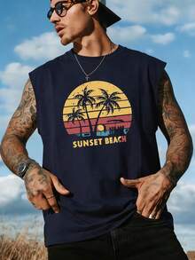 Men's Summer Round Neck Beach Vacation Style Printed Casual Fashion Tank Top, Suitable For Fitness And Daily Wear - Navy Blue - View 1
