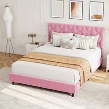 Base de Cama con Cabecero Tapizado, Estructura de Plataforma Resistente con Lamas de Madera Reforzadas, No Necesita Somier, Sin Ruido, Fácil Montaje - Rosa - Reina - Ver 8