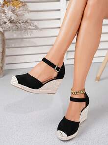Sandal đế xuồng cao gót thời trang nữ, chất liệu rơm đan, kiểu dáng thường ngày, thích hợp cho kỳ nghỉ. - màu đen - Xem 8