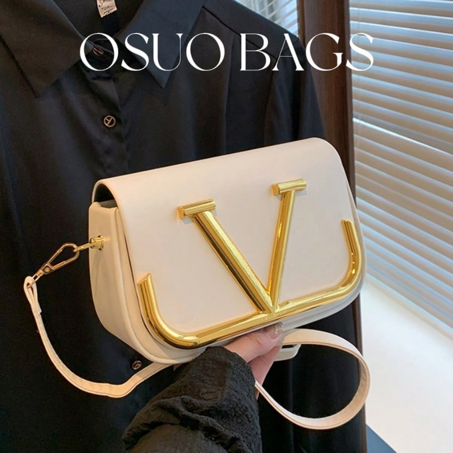Bolso cuadrado de unicolor de PU, decoración de herrajes metálicos con letras, bolso cruzado de moda, bolso de hombro elegante para mujer