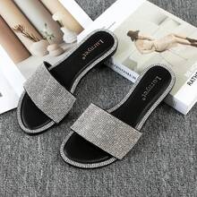 Women Slippers Sandals Casual Bling Rhinestone Crystals Mules Women's Glitter Sandal Flat Open Toe Sparkle Slides Sandals For Women - 黑色 - 查看 1