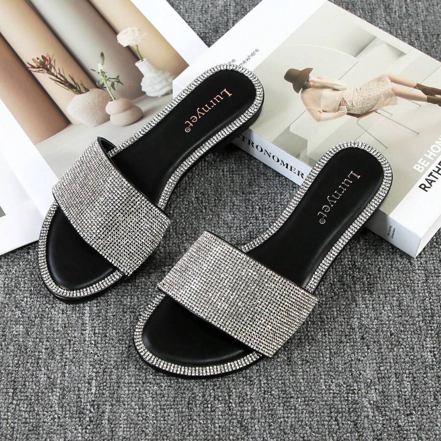 Women Slippers Sandals Casual Bling Rhinestone Crystals Mules Women's Glitter Sandal Flat Open Toe Sparkle Slides Sandals For Women - 黑色 - 查看 1