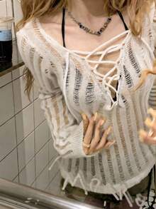 新款性感镂空系带针织毛衣，独特长袖套头衫，春夏款 - 乳白色 - 查看 3